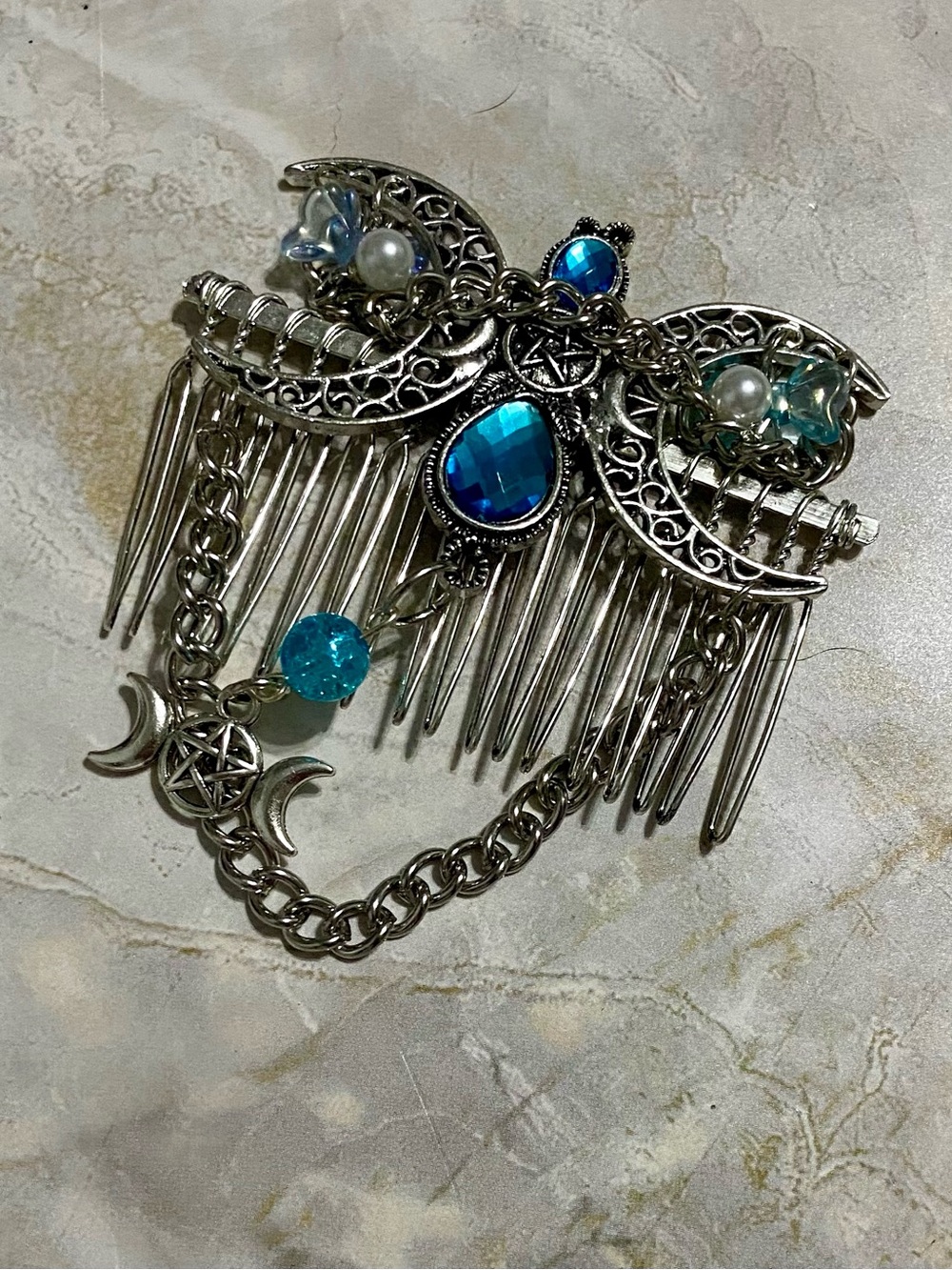 Hand Crafted Silver Filigree Hair Comb with Blue Gem Accents